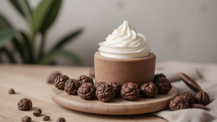 Chocolate dessert with cream topping and truffle balls on wooden plate, indoors