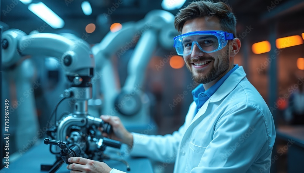 Poster engineer in goggles and lab coat works with robotic arm. modern factory tech, science research, auto