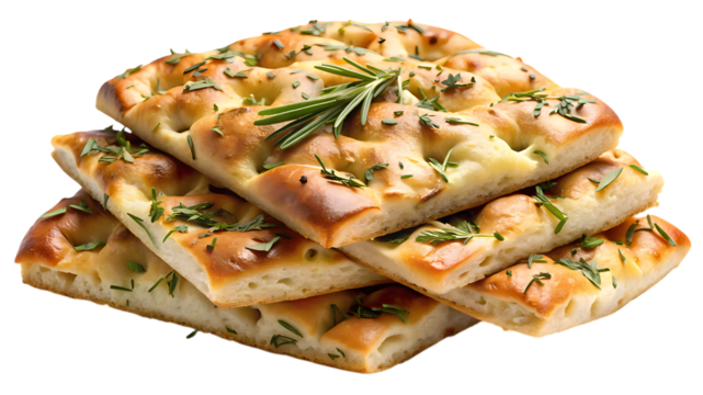 A stack of freshly baked focaccia bread with rosemary isolated on transparent background, a delicious italian flatbread perfect for appetizers and snacks - Powered by Adobe