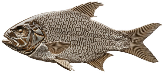 Silver and bronze fish sculpture on a dark background, transparent background png