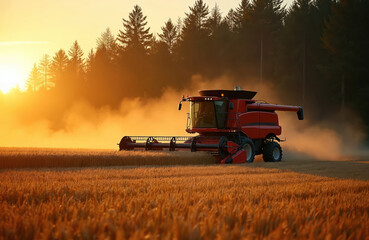 Obraz premium Red combine harvester works in golden wheat field at sunset. Agricultural machine harvests grain crop. Sunrise light glows dust clouds. Forest trees on background. Farming activity.