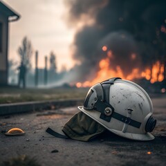 Fototapeta premium Scratched firefighter helmet and protective hood on asphalt with distant smoke and intense fire