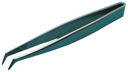Close-up of shiny metal tweezers on a plain surface, transparent background png