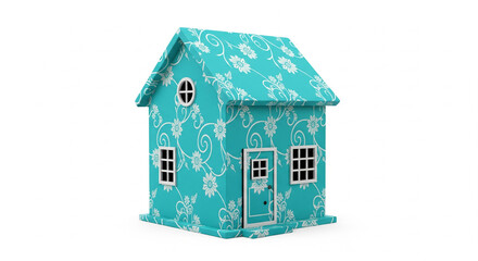 Charming small stylized turquoise house adorned with delicate white floral patterns, on an isolated transparent background.