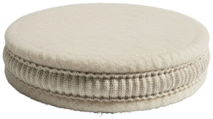 Round beige cushion with knit and soft woolen texture., transparent background png