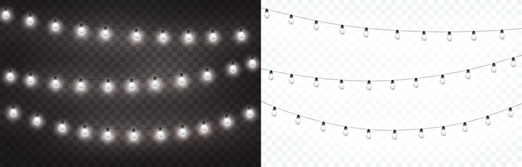 Lights bulbs isolated on transparent background. Glowing fairy Christmas garland strings. Vector New Year party led lamps decorations
