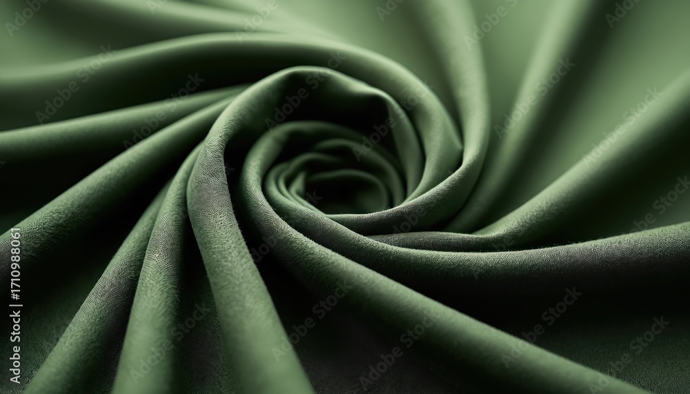 Poster green cloth texture backdrop. swirling elegant fabric with soft pleats. luxury textile close up deta