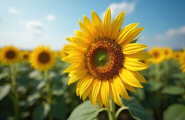 Obraz premium Bright yellow sunflower bloom opens wide. Green center detail, petals shine in sun. Field of sunflowers stretches under blue sky. Summer nature scene, agriculture, botany.