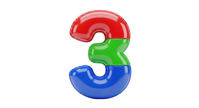 Colorful Number Three: Red Green and Blue Plastic Figure.