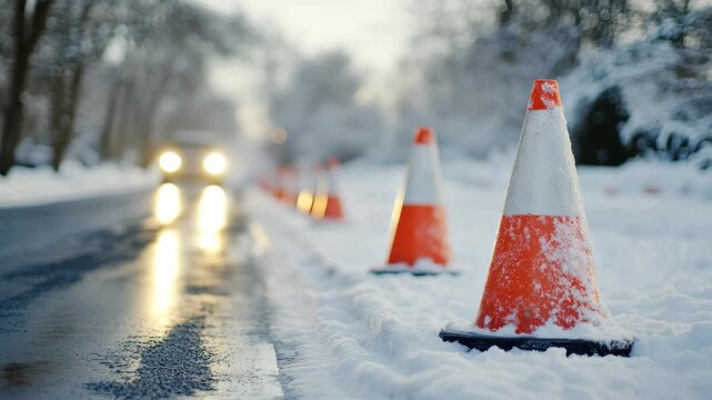 Traffic cones on a snowy road highlighting winter weather conditions, A close-up view over traffic cones placed on a snow-covered roadside