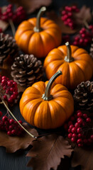 Close-up of orange pumpkins, pine cones, and red berries on dark background, showcasing autumnal harvest theme, ideal for Thanksgiving or fall decorations