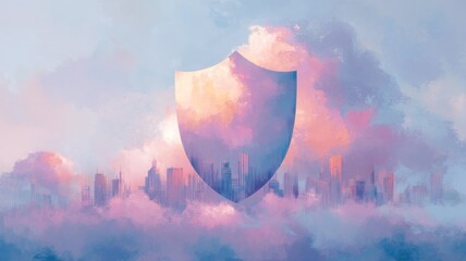 Abstract illustration of a shield shape emerging from colorful clouds above a city skyline, symbolizing protection, security, and safety in a vibrant, dreamlike atmosphere