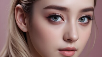 Fototapeta premium Elegant woman with cool eyes, soft makeup, on a pink background