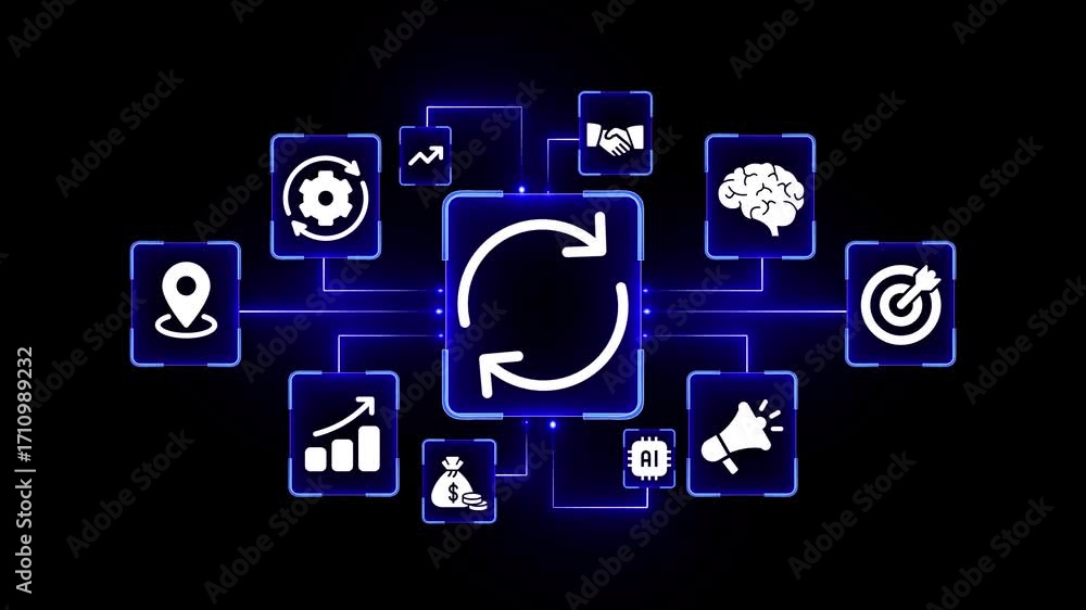 Poster digital business process and workflow concept with glowing icons and connections on black background