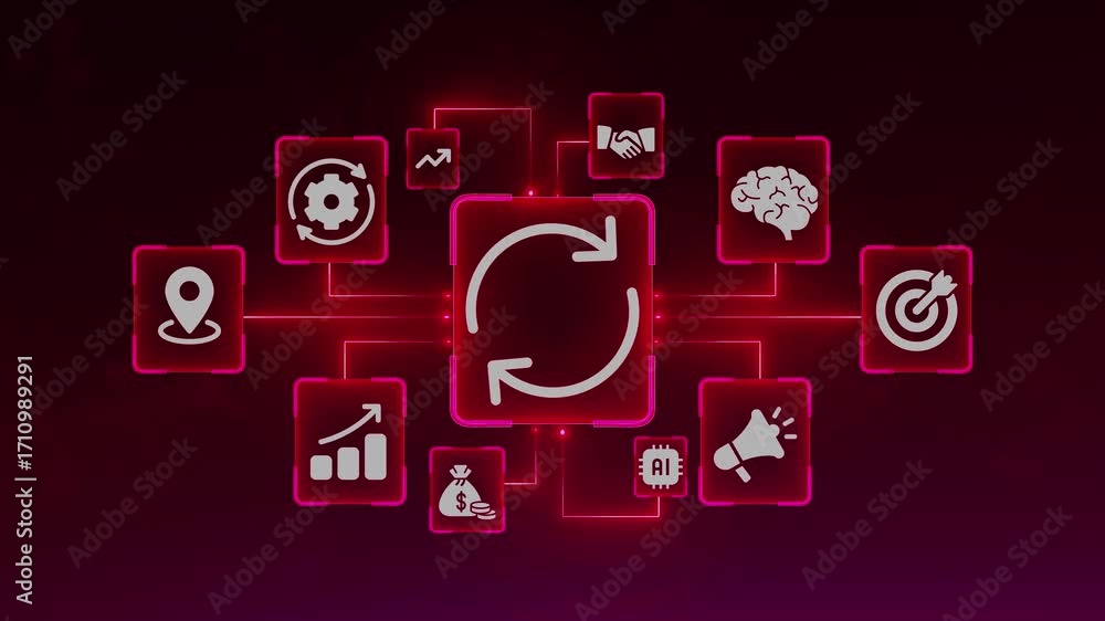Poster digital business process and workflow concept with glowing icons and connections on dark red backgro