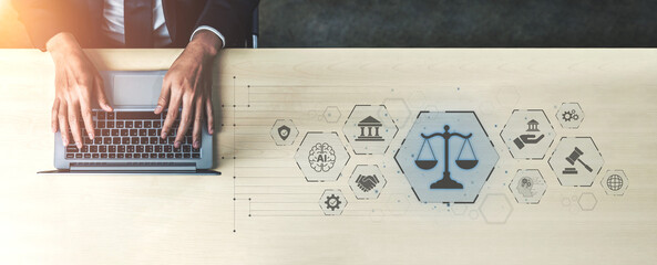 Futuristic digital law interface displaying justice scale, highlighting digital law, AI compliance,...