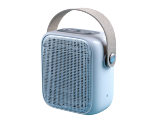 Light-blue square portable speaker with beige handle
