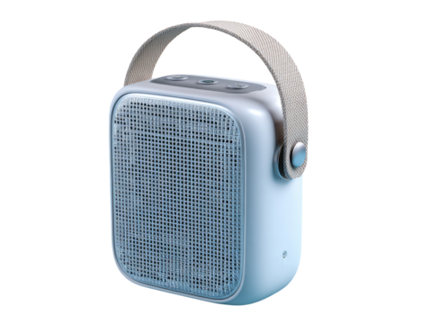 Light-blue square portable speaker with beige handle