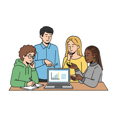 Diverse group of people collaborating around a laptop displaying charts collaboration meeting