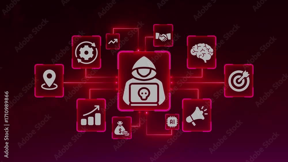 Aufkleber cybersecurity hacker icon with connected business and technology symbols on a dark background cyberc