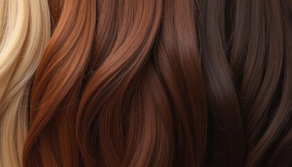 Naklejka premium Close up on hair samples shows various shades of hair color. Different colour swatches from blonde to dark brown are displayed for beauty industry for dyeing. Hair salon concept.