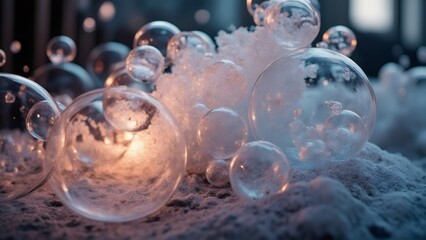 Floating soap bubbles create an ethereal, luminous bathroom scene