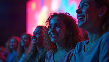 Diverse women audience enjoy exciting live event. Colorful stage lights illuminate happy smiling faces. Watch concert, show, performance together. Friends feel joy, engagement, fun at dark venue