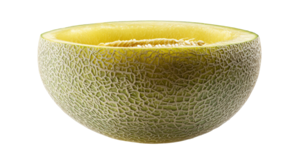 Half a cantaloupe,  cut in a bowl shape,  reveals yellow flesh.  Green rind textured with small pits