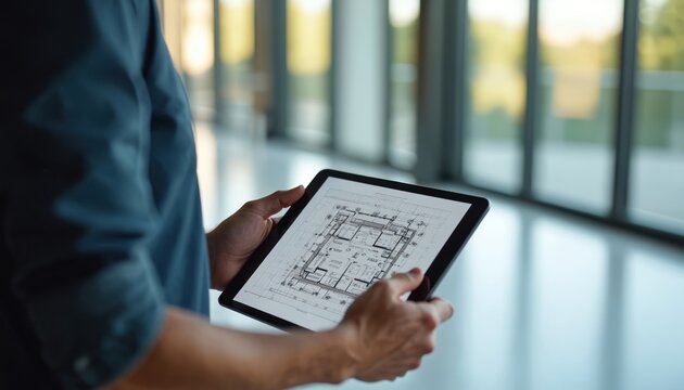 Architect reviews digital blueprint on tablet device. Person examines floor plan design on touchscreen. Man with architectural project checks building sketch indoors. Modern technology in