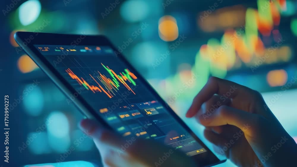 Poster financial analysts collaborating and processing data using tablet technology in a modern office, fin