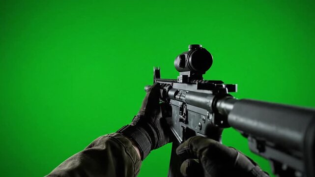 First person view of a soldier in tactical gloves aiming down the red dot sight of an assault rifle a weapon used in modern video games and combat