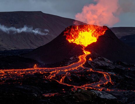 Volcanic eruption, lava flow at dawn - Powered by Adobe