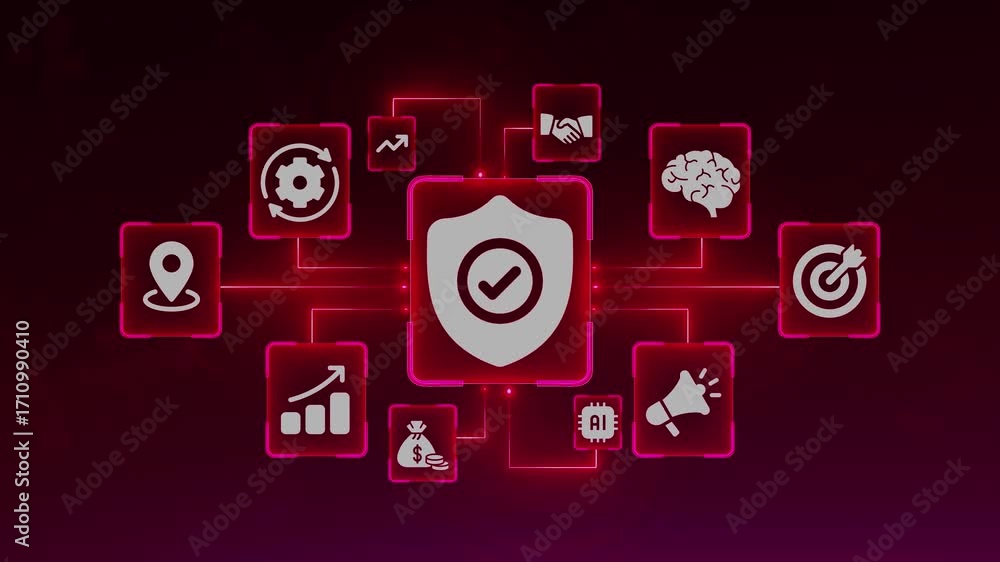 Poster digital security shield icon with connected business and technology symbols on a dark background pro
