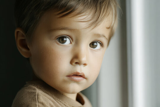young boy with fearful expression stands trembling against clean solidcolored background
