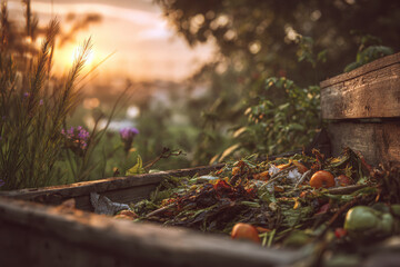 Composting organic matter in a garden at sunset