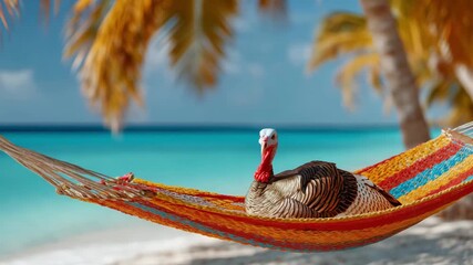 A turkey lounges in a vibrant hammock with palm trees and a serene ocean backdrop, capturing a relaxed Thanksgiving holiday vibe