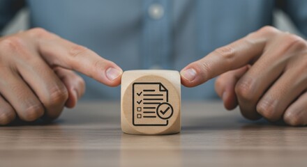 A close-up shot of a wooden cube with a checklist icon and a checkmark, symbolizing completion of a task or project, held by two hands