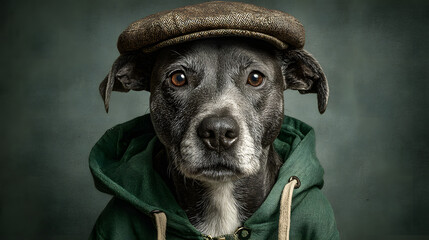 A charming studio portrait of a black pitbull puppy wearing a hat