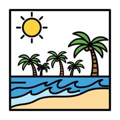 Stylized tropical beach scene with palm trees ocean and sun vector