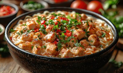 Close-up of a bowl of flavorful noodles with chicken and vegetables