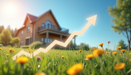 House and meadow with growing graph arrow. Represents increase in property value and real estate market growth. Sunny sky backdrop emphasizes positive trend.