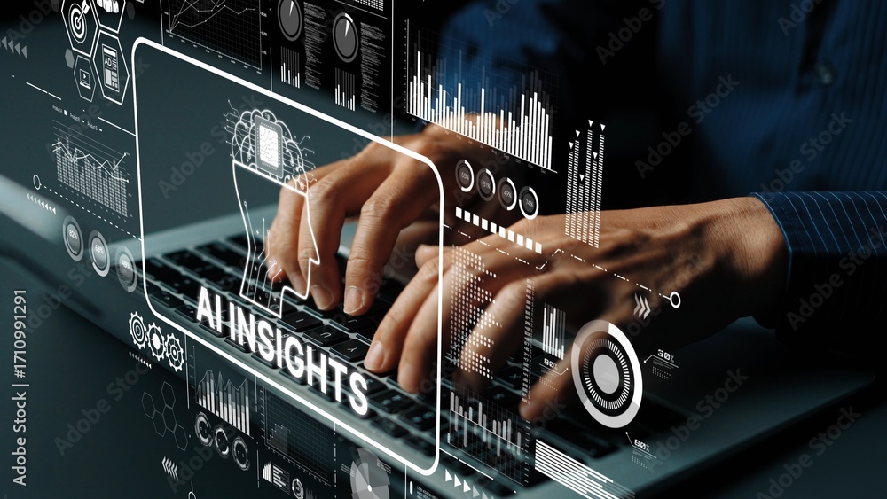 Poster professional hands typing on laptop with digital data visualization and technology interface for ana