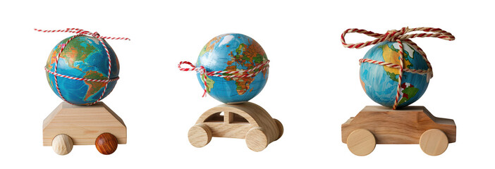 Three small globes on wooden toy cars with red ribbon bows, isolated on transparent background