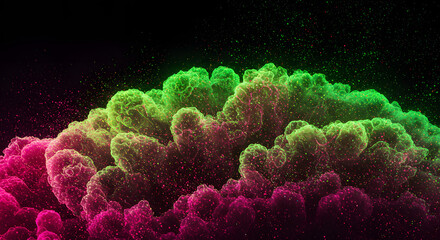 Abstract Cloud Form: A vibrant close-up captures a soft, cloud-like form with gradients of lush green and magenta, creating an organic, otherworldly aesthetic, floating on the dark backdrop.