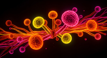 Microscopic Wonders: An abstract digital representation of vibrant, interconnected cellular structures glows against a stark background.