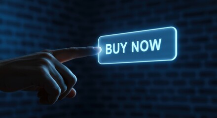 Hand reaching out to press a glowing 'Buy Now' button on a dark, textured background, symbolizing online purchasing and e-commerce