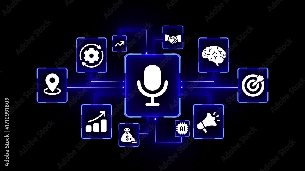 Poster digital network of business and technology icons with central microphone symbol image photo