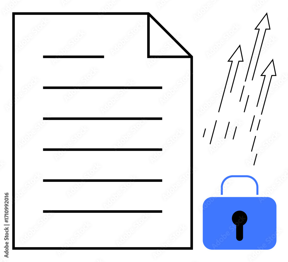 Poster file outlined with lines and folded corner, blue lock with keyhole, upward arrows symbolizing encryp
