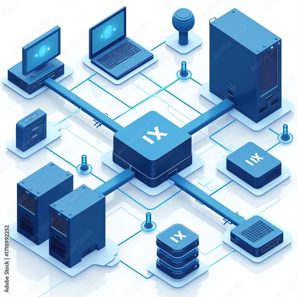 Poster isometric view illustration of network server tech concept. devices connected by blue lines. servers