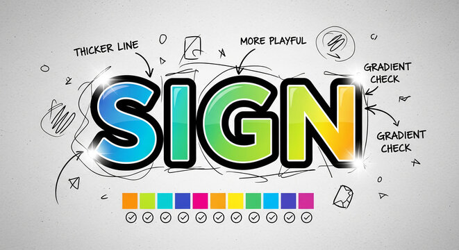 Colorful "SIGN" word design, gradient style, sketch-like elements surrounding it showcasing design process, free space for text, ideal for advertising or branding concepts